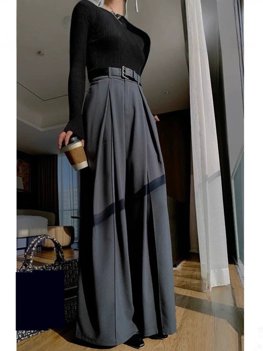 Zara Grey High Waist Wool Blend Wide Leg Pants Slim Spring Autumn Floor Length